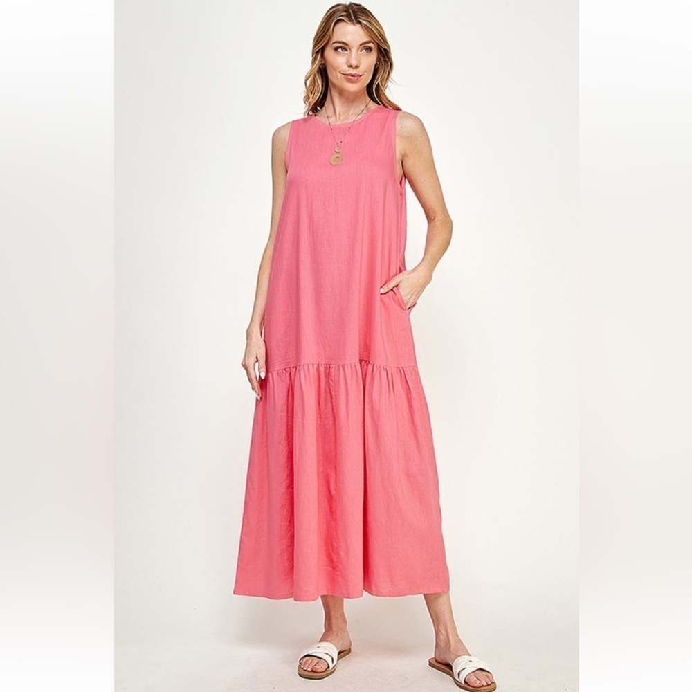🕊️132 - Pink Sleeveless Linen Blend Maxi Dress
